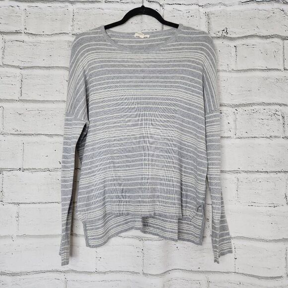 Eileen Fisher Womens Grey White Striped Organic Cotton High Low Hem Sweater XS - Picture 1 of 13